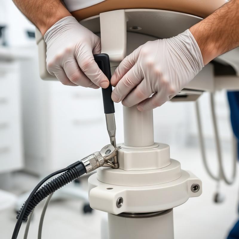 Técnico realizando manutenção na base da cadeira odontológica